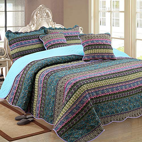 Luofanfei Tagesdecke Baumwolle Gesteppt Bettüberwurf Boho 100% überdecke Steppdecke Quilt Bett überwurf Vintage Patchwork Indische Muster Schlafzimmer Sofa Grün Blau 150x200 cm