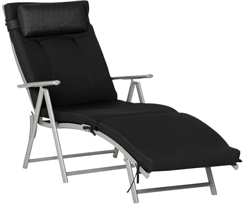 Outsunny Bain de Soleil Pliable transat inclinable 7 Positions Chaise Longue avec dossier, coussin et appui-tête + accoudoirs métal époxy textilène Polyester, Charge 165 kg, pour jardin, piscine, Noir
