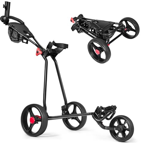 COSTWAY Carrello da Golf Pieghevole a 3 Ruote, Carrello da Golf in Ferro, con Maniglia Regolabile in TPR, Freno a Pedale