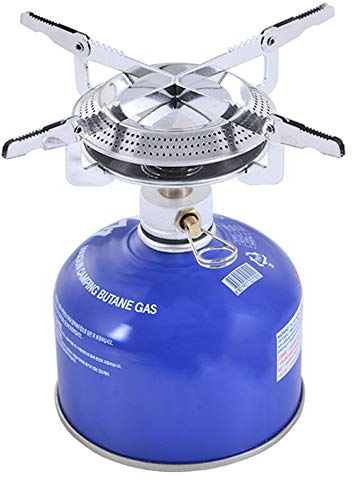 Hornillo Camping Gas, Estufa de camping, Estufa exterior del quemador portátil plegable Mini acampar del horno Cabeza Juego de utensilios para la comida campestre de Plata que acampa