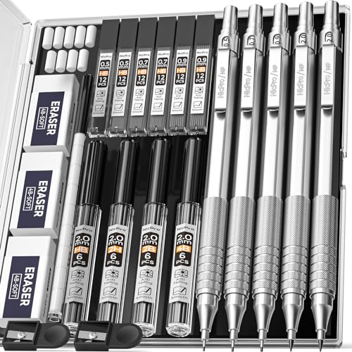 Nicpro 5 Stücke Druckbleistifte Set, Metall Bleistifte 0,5 0,7 0,9 2mm Fallminenstift (4B 2B HB 2H farbig) mit Bleistiftminen, Radiergummi, Minenspitzer Etui für Zeichnen, Skizzieren, Schreiben