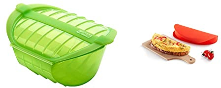 Lékué Estuche hondo XL para el microondas, capacidad de 1000 ml, para 3-4 personas, color verde + Recipiente para cocinar tortillas francesas en microondas, color rojo