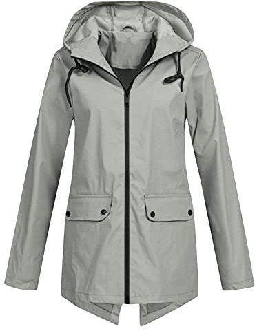 HHMY Chubasquero ultraligero para mujer: informal, monocolor, con capucha, corte suelto, para exteriores, tallas grandes, resistente al viento, con cremallera y bolsillo, S - 3XL, gris, M