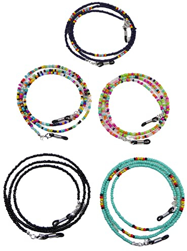 Hawhy 5 Stück Qualitäts Boho Brillenband Brillenkette in 5 Farben mit kleinen bunten Glas Perlen für alle Arten von Brillen geeignet, extra Anti Rutsch Öse die hält