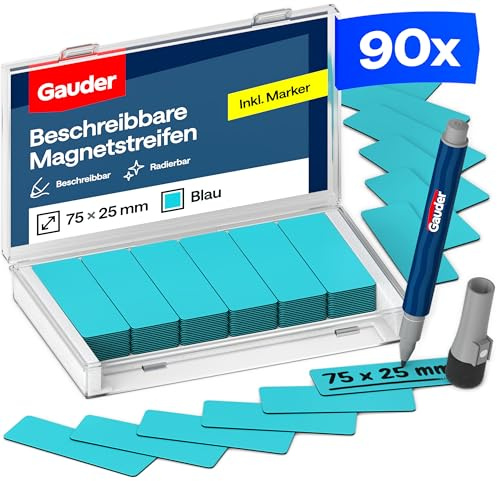GAUDER Magnetstreifen beschreibbar, Magnetschilder Kanban (90 Stk, 75x25mm) | Magnetschilder zum Beschriften, beschreibbare Magnete zum Beschriften, Magnetetiketten für Kanban Board, mit Marker