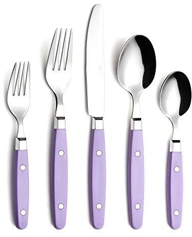 Annova, set di posate in acciaio inox con manico colorato con rivetto/posate stile retrò (Lilla, 20 Pieces)