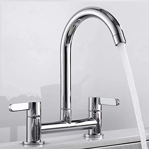 Kitchen Sink Mixer Taps, 2 Hole Kitchen Faucet 360° Swivel Spout Dual Lever Sink Taps 1/4 Turn Easy Use Cold and Hot Mixer Tap Deck Mounted Bridge Taps with UK Standard Fittings(Chrome)