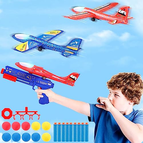 3-in-1 Flugzeug Spielzeug Set, Wurfgleiter Styroporflieger Katapult Pistole Kinderspielzeug, Kinder Outdoor Garten Interaktives Spiele Kindergeburtstag Geschenke Jungen Mädchen für ab 3-12 Jahre