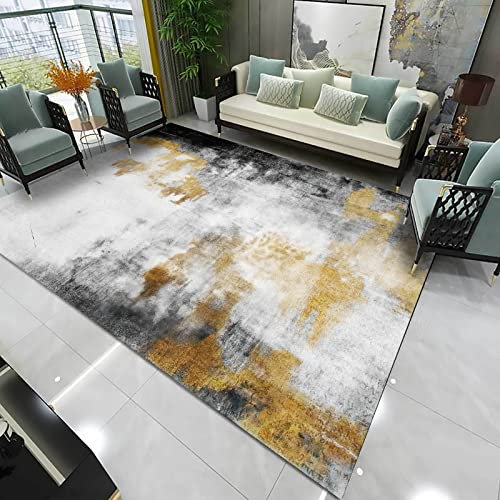 KeletiRug Alfombra Rectángulo Diseño, Lavable para Salón, Dormitorio, Cocina, Baño, Tinta Abstracta Y Aguada En Blanco Y Negro Y Oro, 180 X 250 Cm