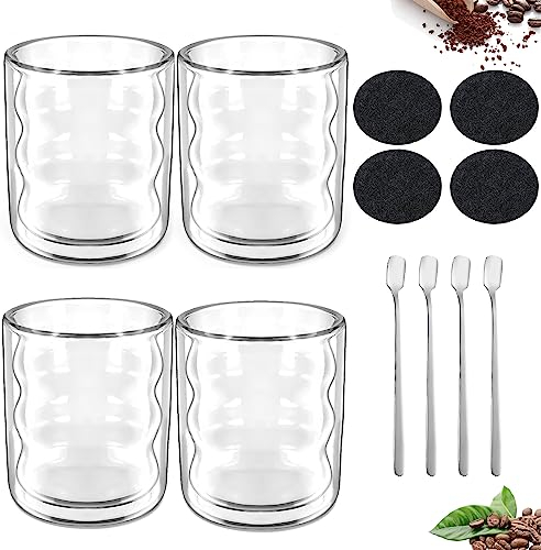 Tazas de Café, 4x200ml Taza Doble Pared Cristal, Juego de Tazas de Café de Cristal Incluye 4 Cucharas, Vasos Café Cristal Doble Pared de Borosilicato para Té Café Leche Latte Macchiato