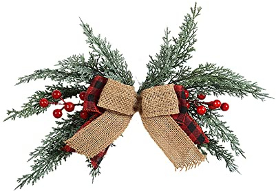 belupai 18.9in Artificial Christmas Red Berries Swag, Greenery Winter Pine Needles Decoration Swag Xmas Mailbox Decoration Swag with Ribbon Bow for Wall Door Lintel Festival Holiday Home(Multicolor)