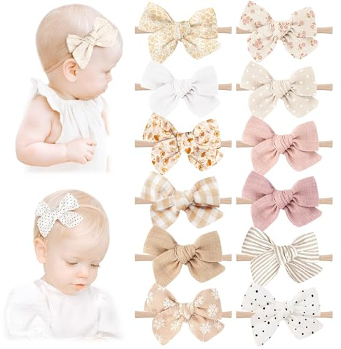 Niceye Handmade Hair Accessories: 12 Packs of Stretchy Nylon Headbands and Bows for Newborns, Infants, Toddler Girls
