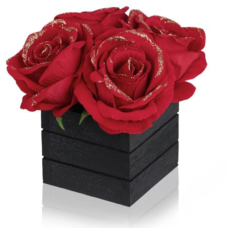 CVHOMEDECO. Künstliche rote Rosen mit Holzvase Seide Rot Glitzer Rose in schwarzer Holzbox für Wohnkultur Idee für Frau, Ihn oder sie, Valentinstag Muttertag Geburtstag Liebe Geschenke