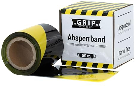 GRIP Eventbasics Absperrband reißfest, gelb-schwarz, 50 m x 70 mm, PE Absperrband im Abrollkarton, Flatterband nicht klebend