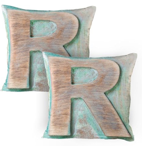ABAKUHAUS Buchstabe R Kissenbezug Packung mit 2, Holz Alphabet Block Antik Briefbeschwerer Thema Grunge Display Print, Dekorativer Standard Gedruckter Kissenbezug, 80 x 80 cm, Mintgrün Hellbraun