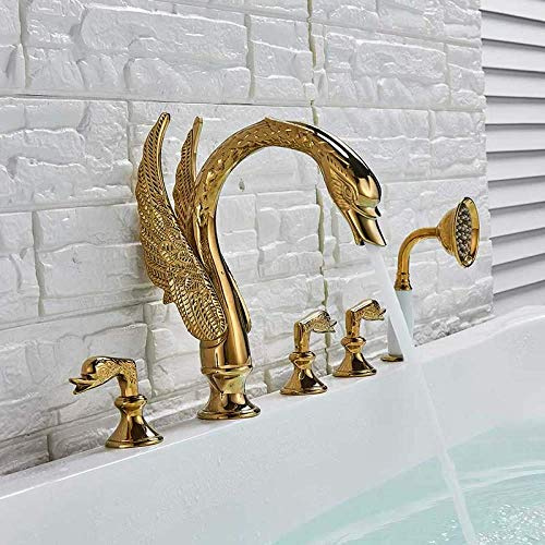 Shower Set Bathtub faucet Widespread Swan Bathtub Faucet Golden Tub Tap Deck Mounted 3 Handle Swan Bath Shower Set with Pull Out Handshower Head,Swan Faucet B