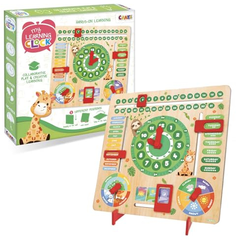 CRAZE My Learning Clock Animals ENGLISCHE SPRACHE - Lernuhr Kinder Holz, Kalenderuhr zum Lernen für Kinder, Lerntafel Uhr Jahreszeiten Wanduhr