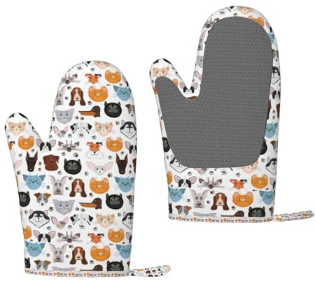 Wurton Ofenhandschuhe mit Cartoon-Katzen- und Hunde-Aufdruck, hitzebeständig, für Küche, Herren, Kochen, Grillen, Backen, 1 Paar
