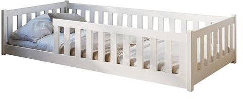 Kids Collective Kinderbett Bodenbett 80x160 cm mit Rausfallschutz & Lattenrost Montessori Bett Bed Gitterbett Kinder Jugendbett Einzelbett | weiß | von 3. bis 10. Lebensjahr