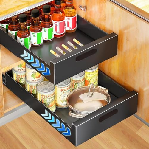 LANMOU Teleskopschublade, 2 Stück Ausziehbare Schublade aus Kohlenstoffstahl, Schwarz Teleskopschublade Kein Bohren, Teleskopauszug Schrank für Küche, B:T:H 30 x 43 x 8 cm