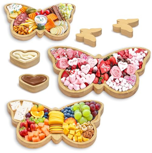 3 Pcs Butterfly Charcuterie Board with 2 Dipping Saucers and 2 DIY Decor | Bamboo Serving Tray, Durable, Easy to Clean, Not Easy to Break, Food Platters for Parties, Wedding, Birthday Decor