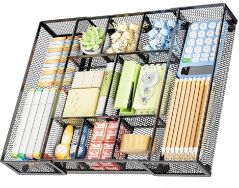 Marbrasse Lådor för Skrivbordsorganisering,Mesh Desk Tray med 10 Justerbara Fack,Skrivbordstillbehör & Förvaringsprodukter,5 Avdelare Låda för Kontorsmaterial,Smink & Hushållsartiklar(Svart)