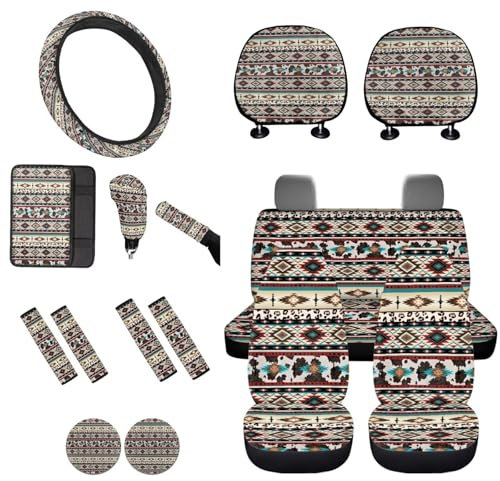 STUOARTE 16-teiliges Autozubehör-Sets, Kuh Aztekenmuster Autositzbezug Schonbezug Schonbezug mit Lenkradbezug Armlehnenpolster Sicherheitsgurtbezug Schalthebelbezug Handbremsbezug Auto Untersetzer