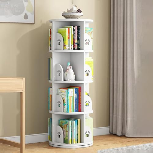 RKJDMSWJ Rotating Bookshelf Tower, 360° Revolving Bookcase, Floor Standing Display Storage Rack, Colorful Corner Book Shelf Organizer, for Bedroom, Study Room(White,4 Tier 19.6x19.6x50.3)