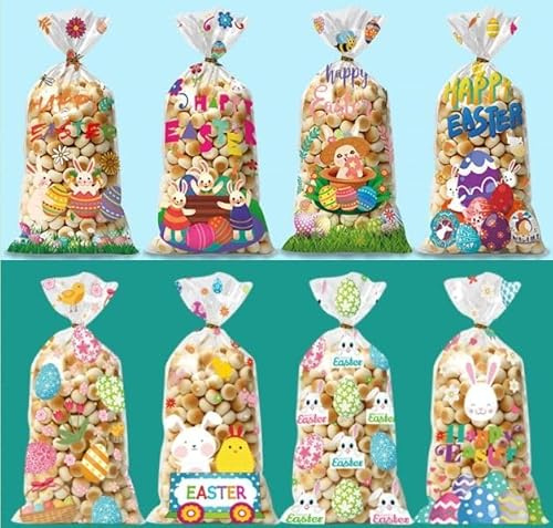 100 Stück Cellophantüten Ostern & 120 Bindebänder – Ostertüten Zum Befüllen Für Süßigkeiten & Kekse – 8 Designs Geschenktüten Ostern – Osterkörbchen, Osternester Zum Befüllen