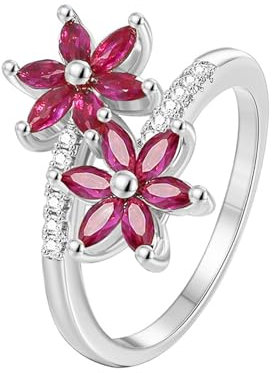 Whoiy 14 Karat Weißgold Vorsteckring 585 Gold Blume, Ehering Echtgold mit Laborgezüchteter Rubin für Frauen Größe 52 (16.6)