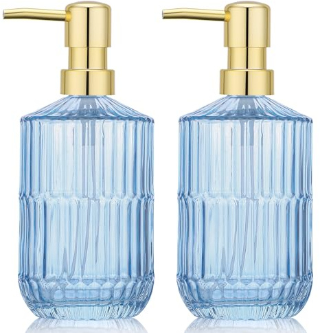 Segus Shower Gel Dispenser, 2 Pieces 450ml Glass Hand Soap Dispenser, Empty Pump Bottle, Refillable and Leakproof, Blue Bathroom Accessories (With Golden Pump Head)