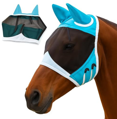 Maschera per mosche con protezione per le orecchie ed elasticità, resistente ai raggi UV, traspirante, per cavallo, taglia L (blu - adesivo magico - M)