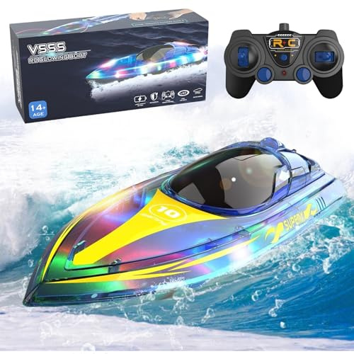 OBEST Barco teledirigido niños 2.4GHz, Alta Velocidad de 20km / h RC Barco, lancha teledirigida con Luces LED 2 baterías Recargables, Piscina Lago Juguete de Estanque, Regalo niño 6 7 8 9 10 años