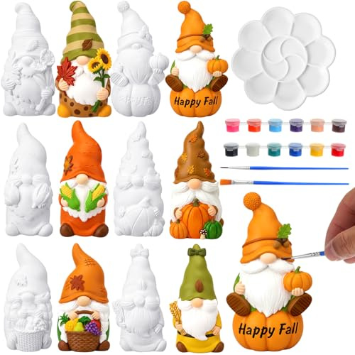 Arrowbash 6 Pcs Thanksgiving Day Ceramics to Paint Ready to Paint Your Own Gnome Statues 5.12 Fall Theme Paintable Figurines DIY Unpainted Ceramics Plaster Crafts with Brush Palette
