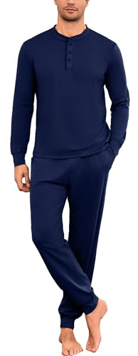 Litherday Pigiama Uomo Lungo Cotone Maniche Lunghe Caldo Completo 2 Pezzi Collo Rotondo Abbigliamento Notte Invernale (Bleu Marine, XXL)