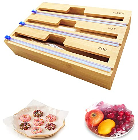 Dispensador de papel de bambú con cortador, organizador de cocina 3 en 1 para envoltorios de plástico, papel de aluminio y papel encerado
