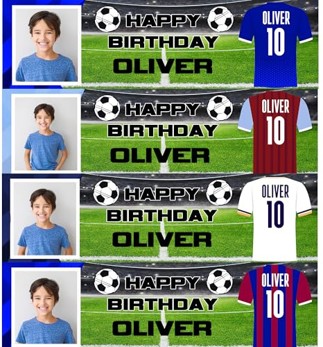 Personalised Football Birthday Banner with Picture 110 x 30 cm Custom Party Decoration for Girls and Boys - Football themed party sign for kids - Dark Blue
