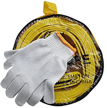 Yctze Duty Car Towing Rope 5M 8T Capacity Polyester Strap with Reflective Design & Metal Hooks for Emergency Roadside Assistance (Yellow and Gloves)