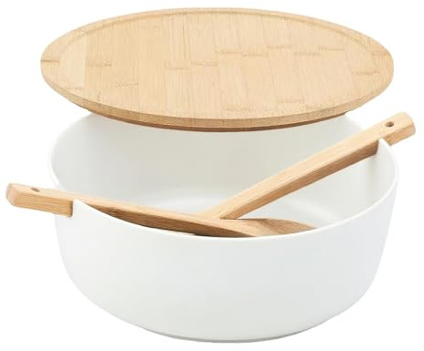 Ensaladera grande – Recipiente grande de madera para servir de 28,5 x 10,5 cm, incluye tenedor de cuchara, perfecto para mezclar ensaladas, servir pasta, preparación de cocina reutilizable | Ideal