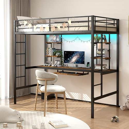houcheyai Hochbett 103x195 mit Schreibtisch, Metall Stockbett Bunk Bed, Metallbett mit Rausfallschutz und Treppe, Etagenbett Erwachsene, Jugendbett für Tenwohnheime Kleinstwohnungen, Schwarz