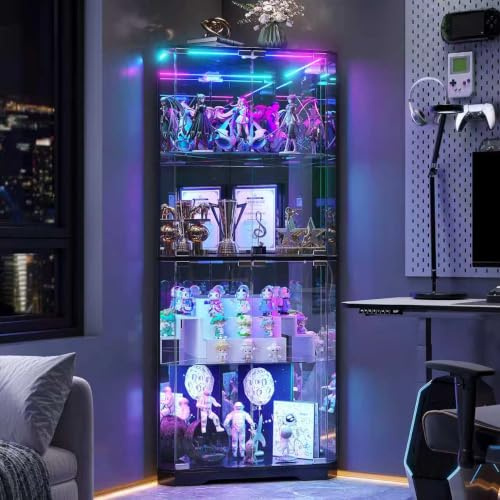 FREDEES 164cm Glasvitrine mit RGB-Beleuchtung & Glastüren | Eckdesign, 4 Ebenen, Intelligente Bewegungssensor, Verstellbare Böden, Für Figuren, Spielzeug & Bücher, Schwarz
