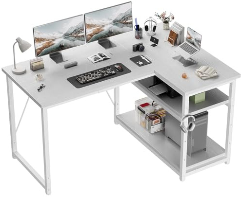 JUMMICO L Shaped Desk 120x80cm with Storage, Corner Computer Desk with Reversible Shelf, Sturdy Office Desk & Workstations for Home Office, White