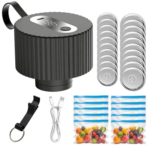 BORDEAG Envasadora Al Vacio Tarro De Masón,Envasadora Vacio para Tarros Cristal,Envasadora Al Vacío para Tarros De Conservas para El Hogar Y Viajes, Incluye Bolsa De Vacío,Tapa,USB