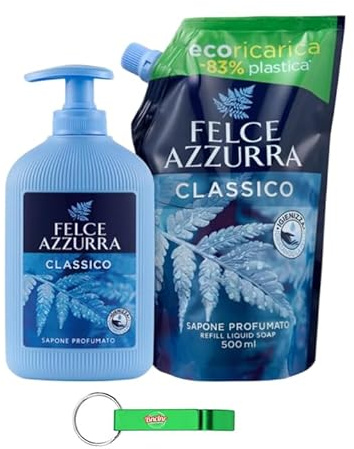Felce Azzurra Sapone Liquido Classico Pacchetto di prova/Ricarica 1 × 500 ml + Sapone 1 × 300 ml Sapone per le mani con profumo di culto dall'Italia + Portachiavi Beni Culinari