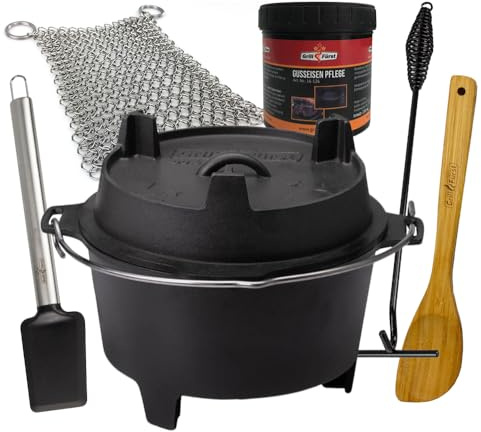 Grillfürst Dutch Oven ca. 9 Liter - stabil stehender Feuertopf durch speziell entwickelte T-Füße, hitzebeständiger Gusseisen Topf, Deckel als Pfanne nutzbar, DO 9