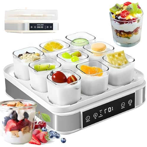 Automatic Yogurt Maker, Fermentation Yogurt Machine with 9PCS Glass Jars, Small Digital Yogurt Maker with LCD Display, Temperature 25~65℃ and Timer 0~99.59H, for Yoghurt Bread Rice Wine