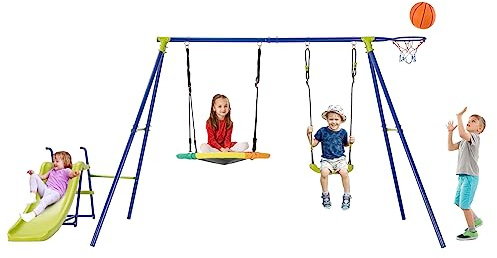 RELAX4LIFE 4 in 1 Altalena Doppia da Giardino con 2 Altalene (a Nido+Classica), Scivolo, Canestro Basket, Corde Regolabili e Struttura in Acciaio, Giochi per Bambini, Interno e Esterno