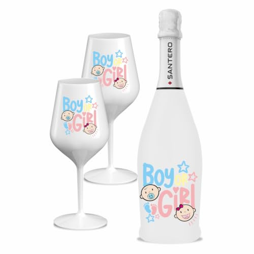 BRANDGIFT.IT Bottiglia Personalizzata Gender Reveal Party Santero 958 Spumante Extra DRY + 2 Calici Personalizzati Abbinati Con Pack in Cartone