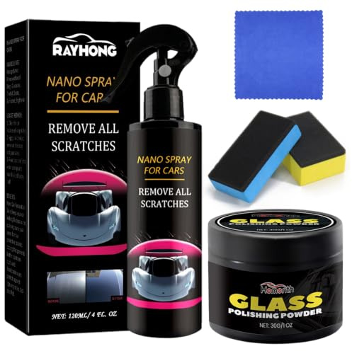 Politur Auto Set, Kratzer Entferner Auto Spray 120ml + Glaspolitur Auto 30g | mit 2 Schwämme+Handtuch, Nano Car Scratch Remover Spray, Autoglas-Polierpulver Glaspolitur Autoscheibe