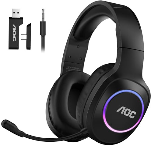 AOC Wireless Gaming Headset for PC, PS5/4, Switch, 2.4GHz Ultra-Low Latency & Bluetooth 5.4 & Wired, 7.1 Surround Sound, Noise Cancelling Mic, 239g Lightweight PC Headphones with 45H Battery | Gaming Headphones for PC with Ultra-Low Latency≤20ms, 7.1 Surround Sound, Noise Cancelling Mic, 239g Lightweight, 45H Battery